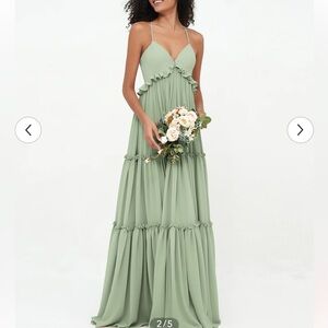 Sage green bump friendly tiered bridesmaid dress
